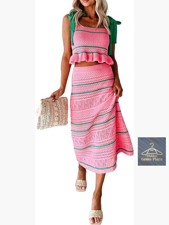 Dresses & Skirts - Women Crochet Knit 2 Piece Vacation Outfit Sleeveless Tie Shoulder Tank Top